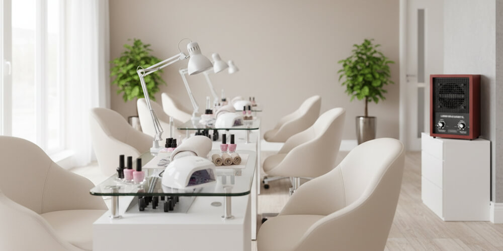 Commercial air purifier and nail dust collector in a modern U.S. nail salon