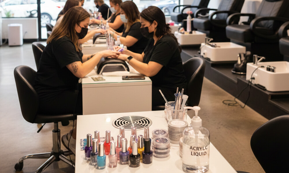 Nail salon workstation with professional products associated with VOC emissions